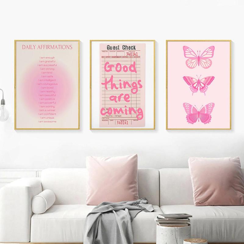 Butterfly & Letter Pattern Unframed Painting, 3 Counts set Creative Wall Art, Wall Decor for Home Living Room Bedroom Office