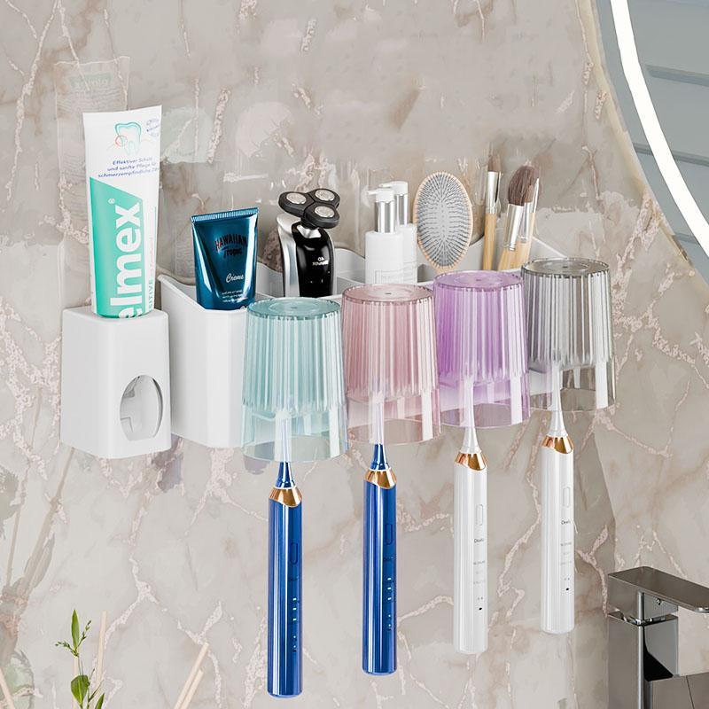 Bathroom Toothbrush Holder with Cups & Toothpaste Dispenser Set, 1 Set Wall Mounted Toothbrush Storage Rack with Colorful Cup & Toothpaste Squeezer, Multifunctional Bathroom Set