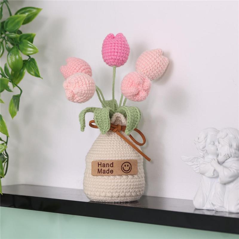 Handmade Knitted Flower with Vase for Room Decor, 1 Count Artificial Tulip Flower, Decorative Flower for Home Living Room Bedroom Dining Room, Fall Decor