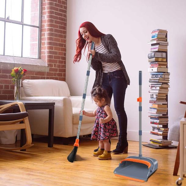 Broom and Dustpan Set, Self-Cleaning with Dustpan Teeth, Sweeping, Ideal for Dog Cat Pet Home Use, Stand Up Broom and Dustpan (Gray&Orange) Comfortable