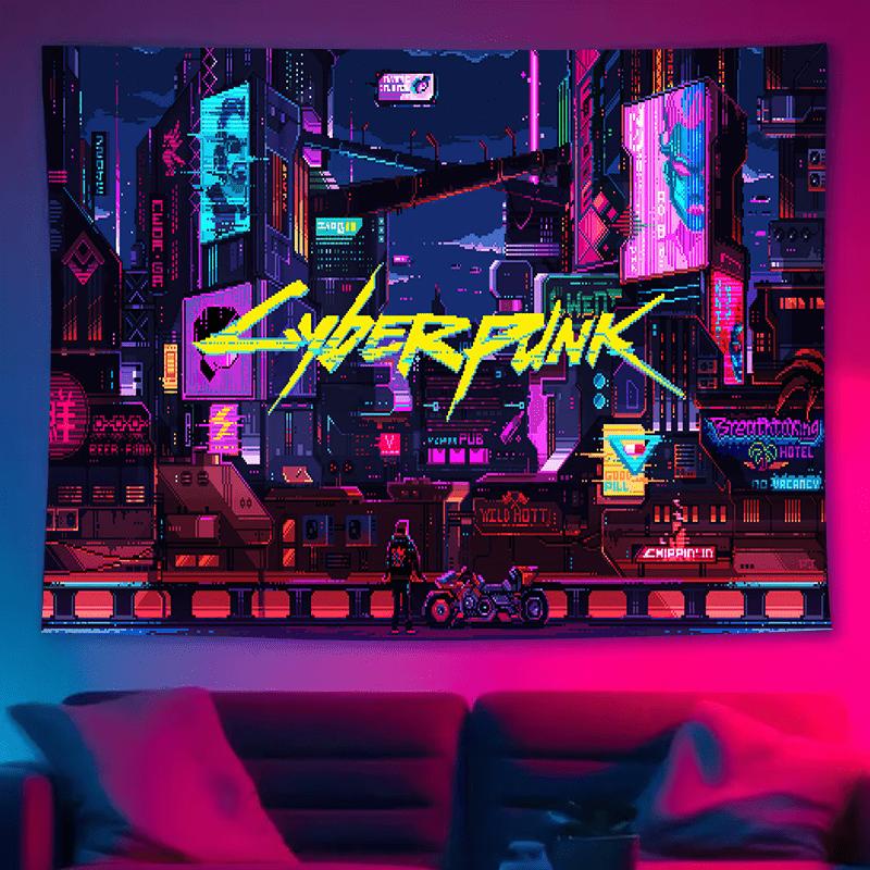 Cyberpunk Urban Night Tapestry - Multicolored, Large Polyester Wall Hanging for Living Room & Bedroom, Washable, Includes Free Accessories - Perfect Gift for Boyfriends and Friends