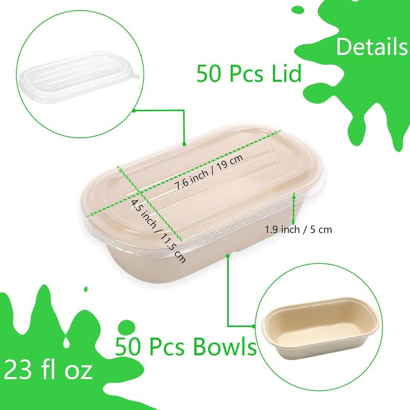 50 Pack 23 oz Compostable Take Out Food Containers with PP Lid, Biodegradable Bagasse Paper Disposable Cardboard Meal Prep Containers Soup Serving for Leftovers, Salad