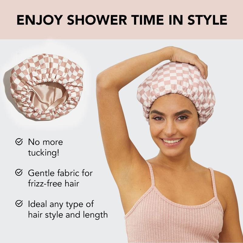 Kitsch Satin Lined Luxury High Waterproof Shower Cap - Checker with Adjustable Back Wire Closure