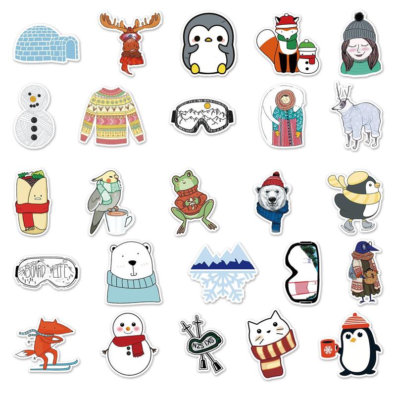 Winter Themed Sticker, 50pcs Cute Cartoon Pattern Decorative Sticker, DIY Stickers for Laptop, Phone Case