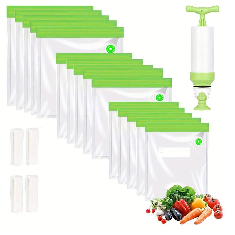 Reusable Vacuum Sealer Bag Set, 20pcs set Including 15pcs Vacuum Sealer Bags & 4 Counts Clips & 1 Count Hand Pump, Food Storage Bag for Home Kitchen Picnic