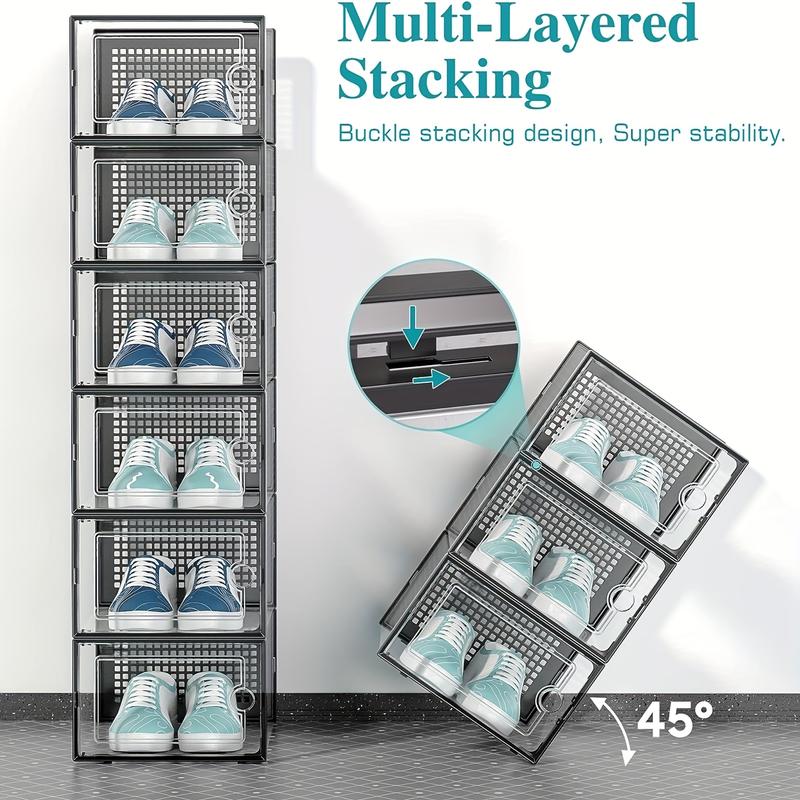 6 12pcs Thickened Transparent Shoe Boxes With Lid, Foldable Stackable Shoe Rack, Free Combination, Plastic Sneaker Container, Space Saving Storage Organizer For Entryway, Bedroom, Home, Dorm, Etc