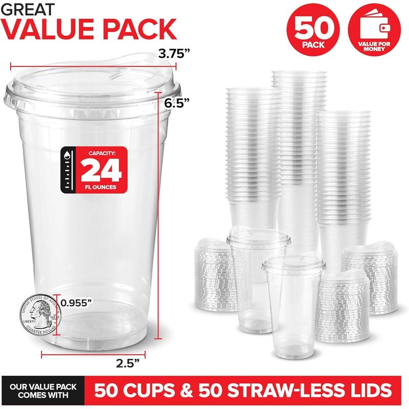 24 oz Clear Plastic Cups with Lids Disposable, Togo Drinking Cup with Strawless Sip Lid for Smoothie, Cold Brew Iced Coffee, Lemonade, Ice Latte, Boba, Party Drinks, Bulk, 24 Ounce (Set of 50)