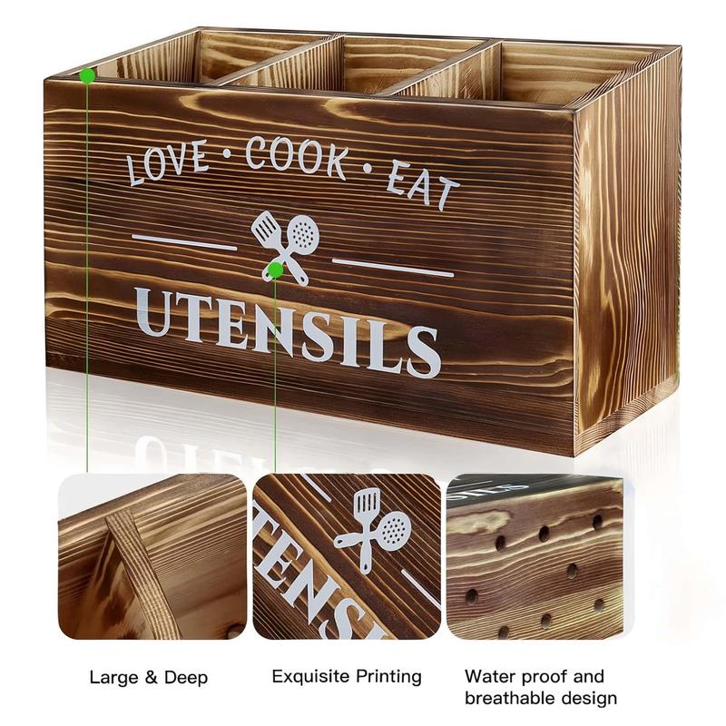 Wooden Utensil Storage Box, Compartmented Utensil Holder, Kitchen Utensil Storage Box, Home Organizer for Kitchen, Household Kitchen Products