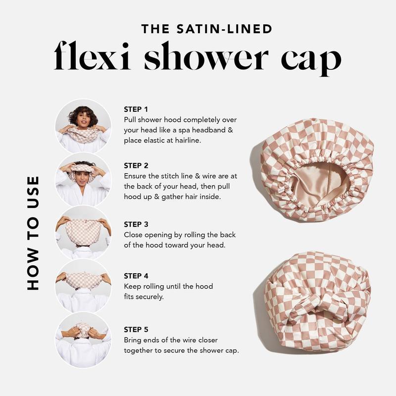 Kitsch Satin Lined Luxury High Waterproof Shower Cap - Checker with Adjustable Back Wire Closure