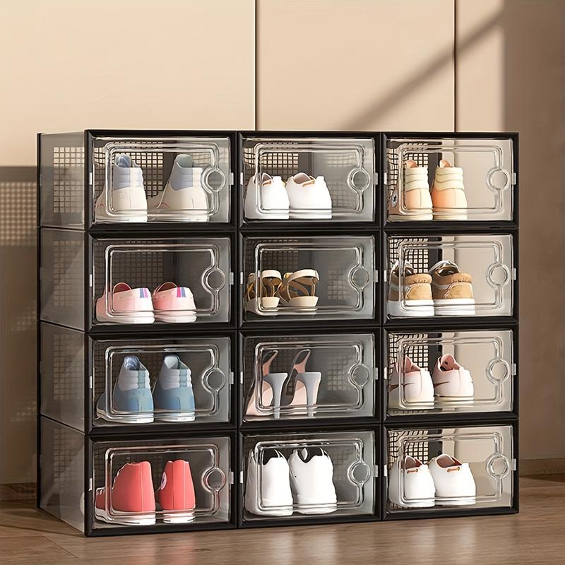 6 12pcs Thickened Transparent Shoe Boxes With Lid, Foldable Stackable Shoe Rack, Free Combination, Plastic Sneaker Container, Space Saving Storage Organizer For Entryway, Bedroom, Home, Dorm, Etc