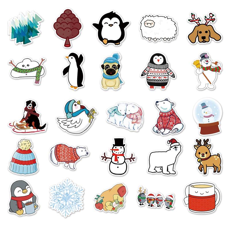 Winter Themed Sticker, 50pcs Cute Cartoon Pattern Decorative Sticker, DIY Stickers for Laptop, Phone Case