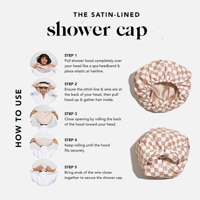 High-End Waterproof Shower Cap Long Shower Cap Fashionable Long Hair Women's Nursing Cap Double Layer Adult Shower Cap, Satin Lined Luxury Shower Cap - Plaid