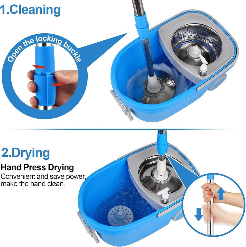 Spin Mop and Bucket with Wringer Set on Wheels, 360° Spinning Mop Bucket System with 3 Microfiber Mop Replacement Heads and 61