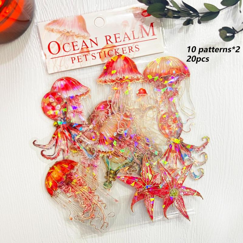 Ocean Themed Self-adhesive Sticker, 20pcs set Random Color DIY Decorative Sticker for Stationery Computer Water Bottle