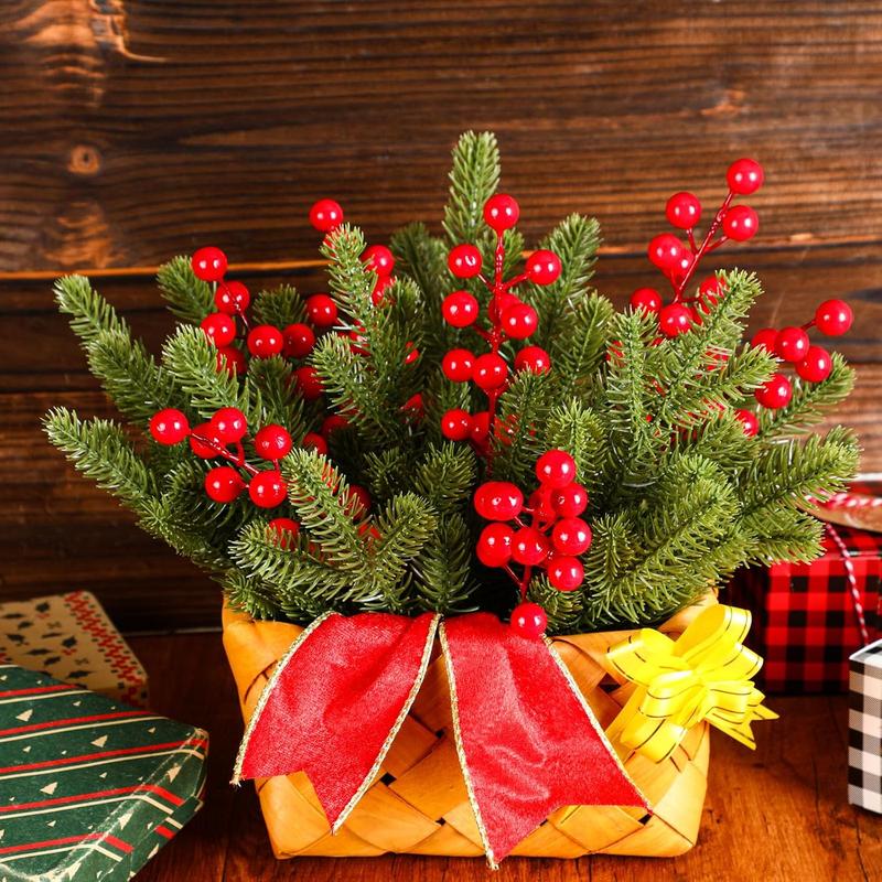 Artificial Pine Branch & Red Berry Stem, 34pcs set Faux Pine Branch & Berry Stem, DIY Crafts for Home Garden Decoration