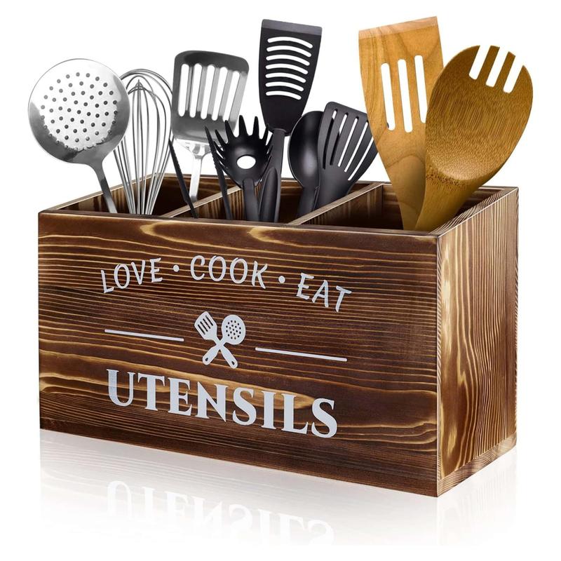 Wooden Utensil Storage Box, Compartmented Utensil Holder, Kitchen Utensil Storage Box, Home Organizer for Kitchen, Household Kitchen Products