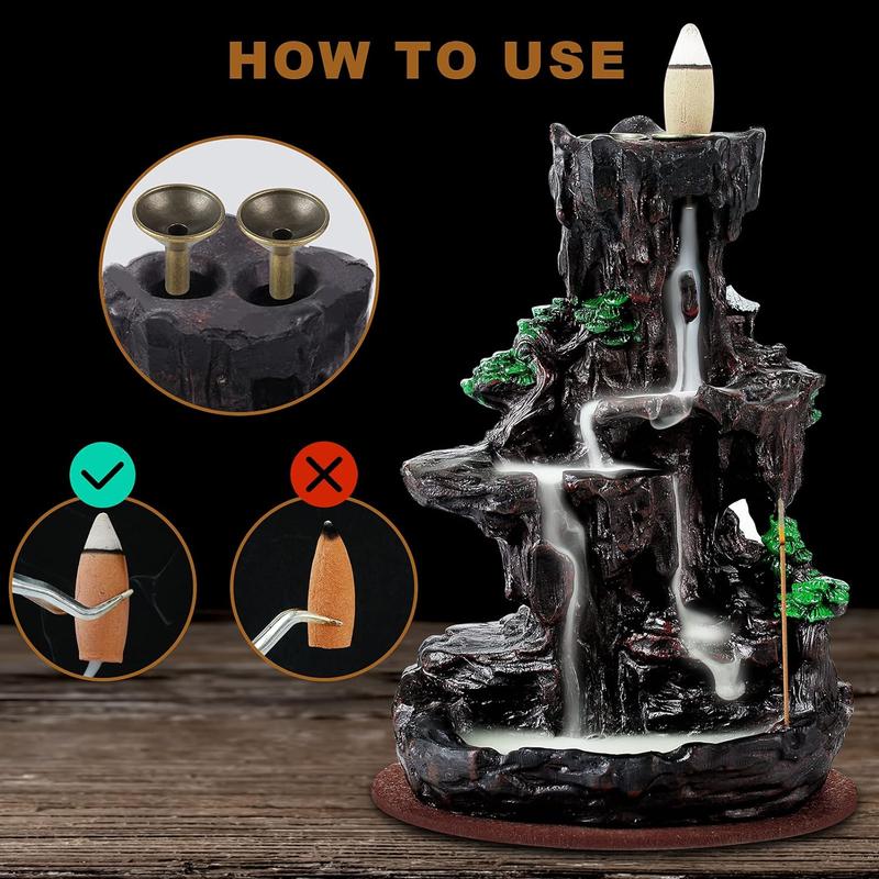 Incense Burner, Backflow Holder Waterfall 2 Sides, with 120 Cones, 30 Sticks Aroma Fragrance Scented Scent