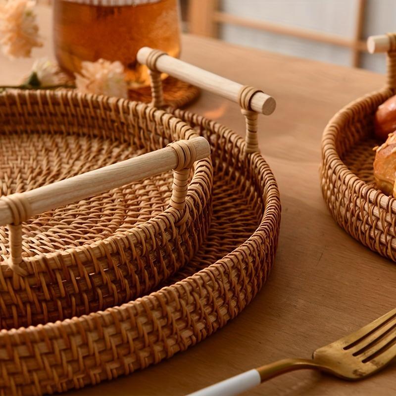 Round Rattan Storage Round Tray, Boho Style Tea Tray with Handle, Fruit Plate, Bread Snack Basket, Home Organizer for Kitchen Dining Room, Summer for Gift, Fall Decor, Room Decor