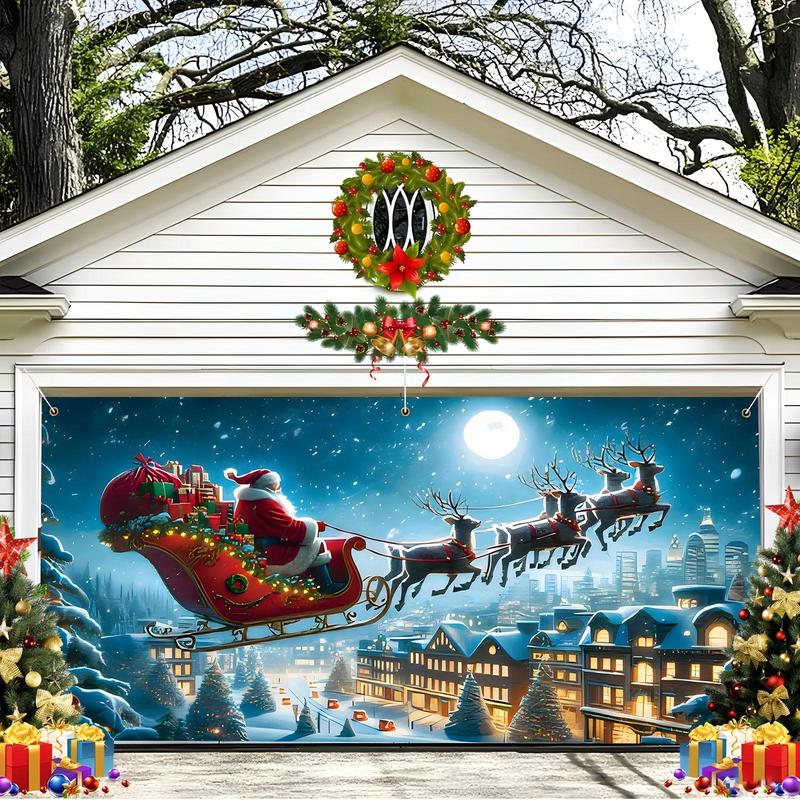 Christmas Themed Garage Door Banner, 1 Count Santa Claus & Reindeer Pattern Garage Door Decoration, Festive & Party Supplies for Home Decor