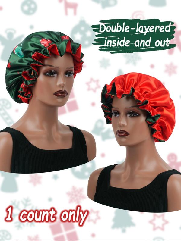 Merry Christmas Themed Double Layer Satin Sleeping Bonnet, Soft Hair Protect Bonnet, Fashion Accessories for Women & Girls