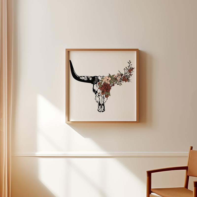 Crawford Longhorn Bull Skull Print – Southwestern Cow Skull with Flowers for Desert-Inspired Wall Art