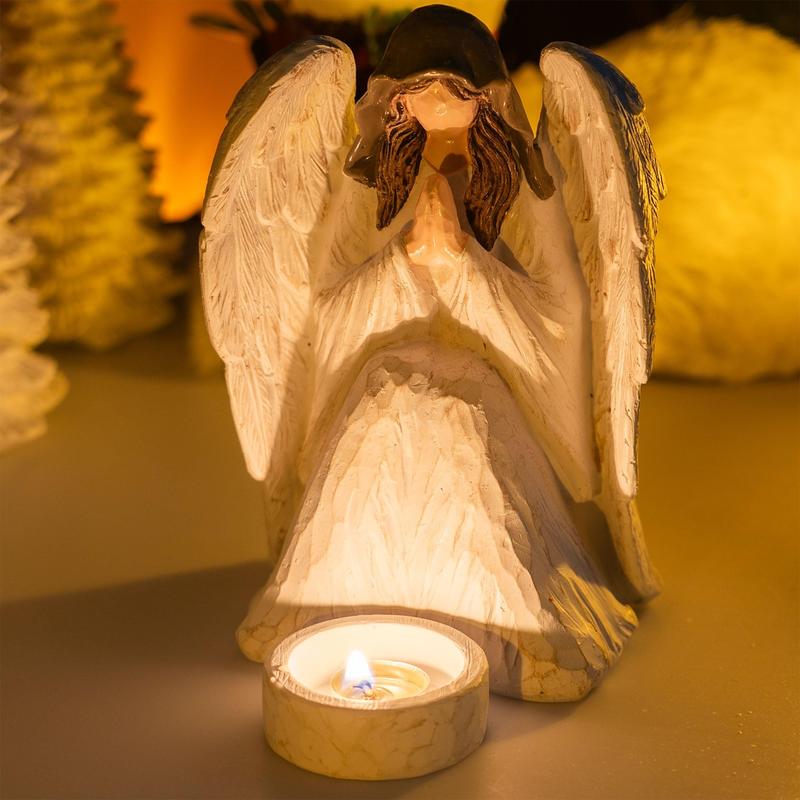 Praying Angel Figurine, 7 Inch Resin Angel Wing Praying Sculpture with Candle Holder, Guardian Angel Statue for Christmas Home Decor Ornament Women Gifts