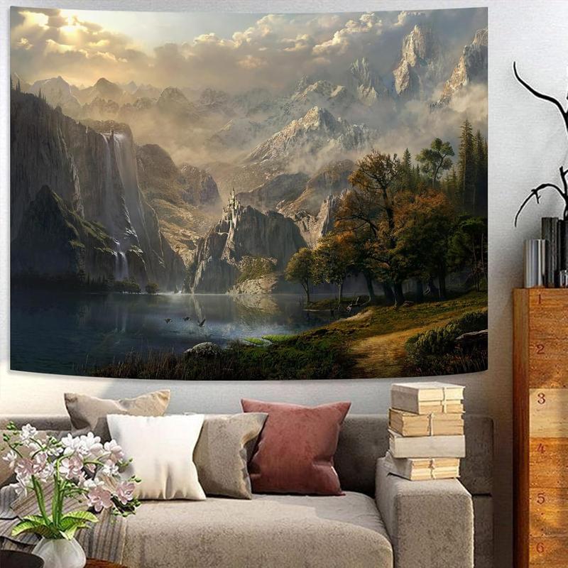 kampdream Fantasy World Tapestry, Mountain Forest Lake Landscape Tapestries, Wilderness Sunshine Nature Waterfall Tapestry for Bedroom Living Room Warm 60*80 inch