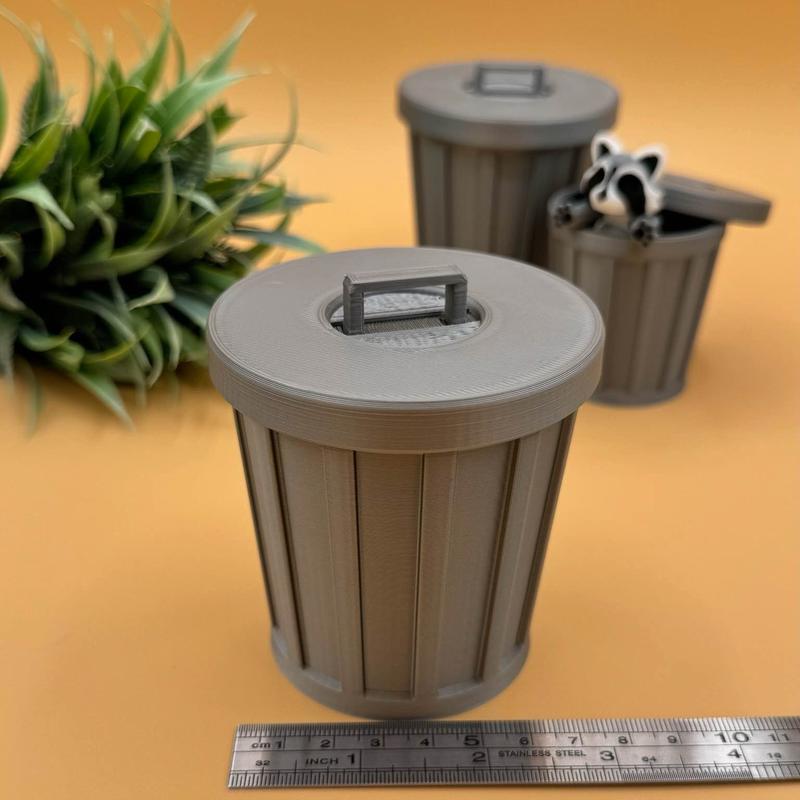 3D printed decorative trash can storage container and baby raccoon fidget aid