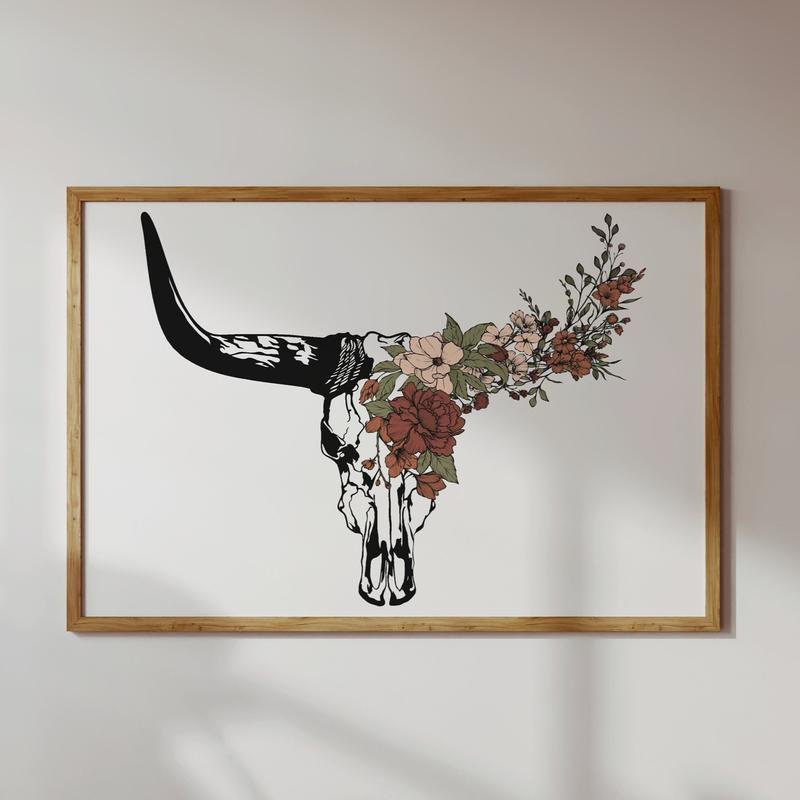 Crawford Longhorn Bull Skull Print – Southwestern Cow Skull with Flowers for Desert-Inspired Wall Art