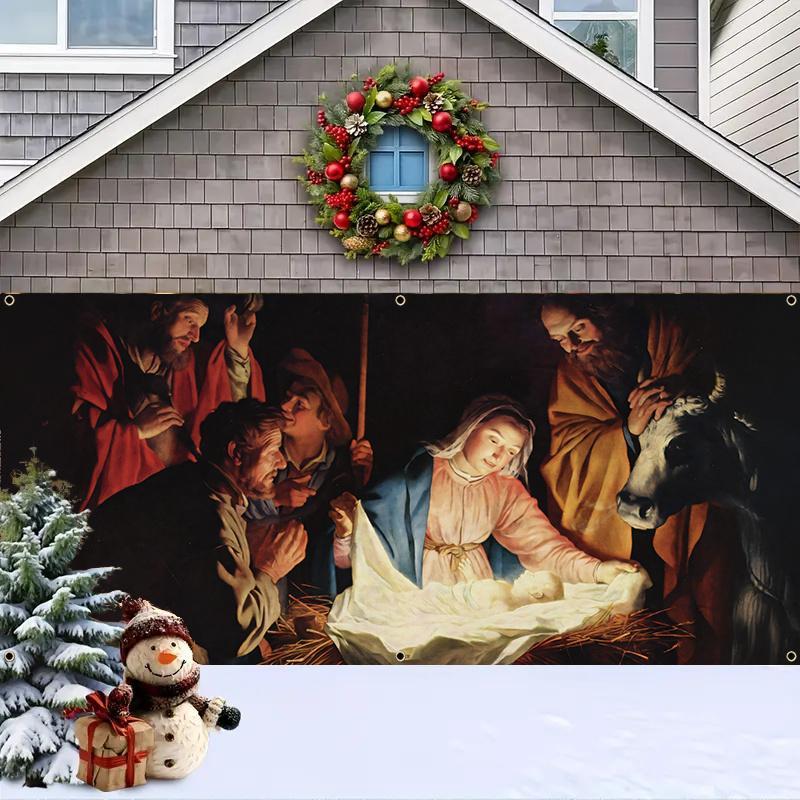 Christmas Themed Garage Door Cover, Shepherds Worshipping The Holy Child Pattern Garage Door Banner, Festive & Party Supplies for Home Decor