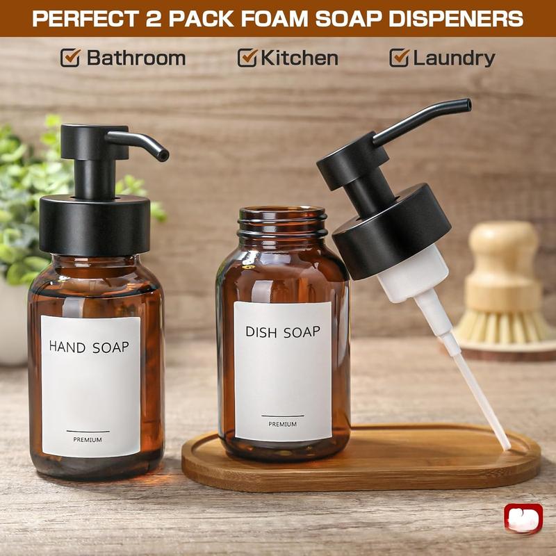 ISUN Foaming Soap Dispenser, 8.5 Oz  Glass  Soap Dispenser for Bathroom & Kitchen, 2 Pack Modern Refillable Foaming Hand Soap Dispenser,  Pump Bottle with  Labels