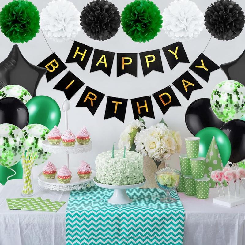 Birthday Decorations for Men Green and Black Party Decor Supplies Boy Including Happy Birthday Banner Confetti Latex Balloon Foil Balloon and Ribbon