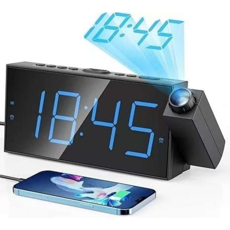 Digital projection alarm clock for bedroom - large LED display, 180° rotatable projector, Level 5 dimmer, children and seniors with heavy sleep sleepiness