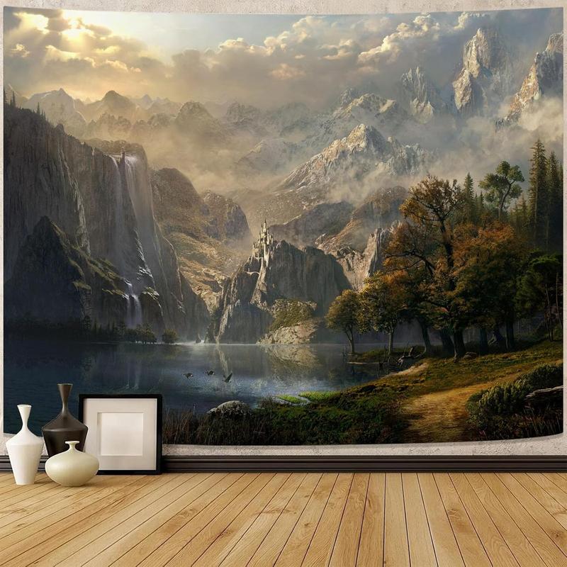 kampdream Fantasy World Tapestry, Mountain Forest Lake Landscape Tapestries, Wilderness Sunshine Nature Waterfall Tapestry for Bedroom Living Room Warm 60*80 inch