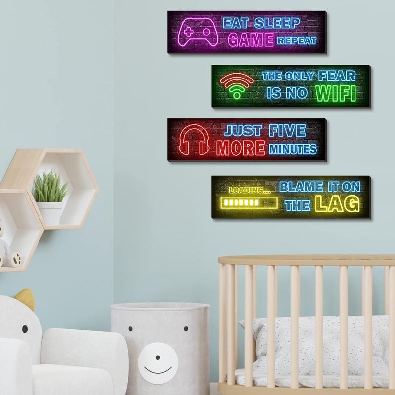 4 Pcs Printed Neon Gaming Posters, Teen Boys Room Decorations, gamer wall art Decor for bedroom Wooden