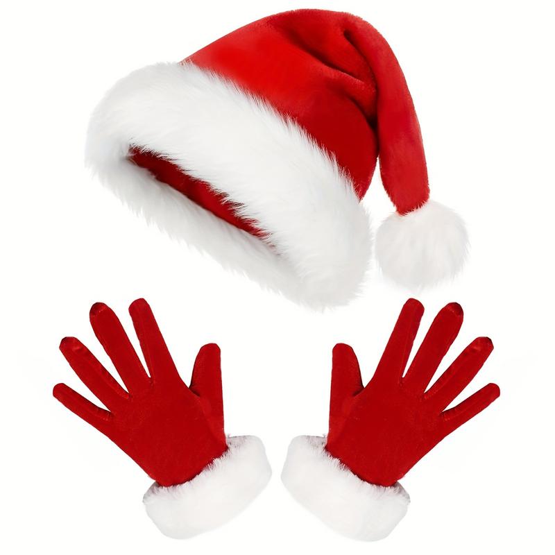 2-Piece Santa Costume Accessories Set, Cute Red Velvet Christmas Hat with White Trim and Matching Gloves, Suitable for Ladies, Pop Culture Style Polyester Role Play Party Props