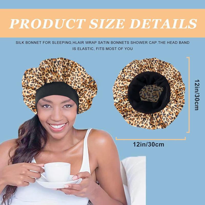 4 Count Silk Hair Bonnet for Sleeping,Hair Wrap Satin Bonnets Shower Cap for Black Women Men, Elastic Wide Band Hair Bonnet Cap for Sleeping Curly Hair(Black & Wine Red & Purple Print & Leopard Pattern)