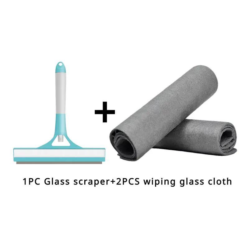 3 in 1 Glass Scraper & 2 Counts Cloth Set, 3 Counts Multifunctional Handheld Shower Window Glass Scraper, Cleaning Tool for Window, Tile, Car Windshield, Mirror