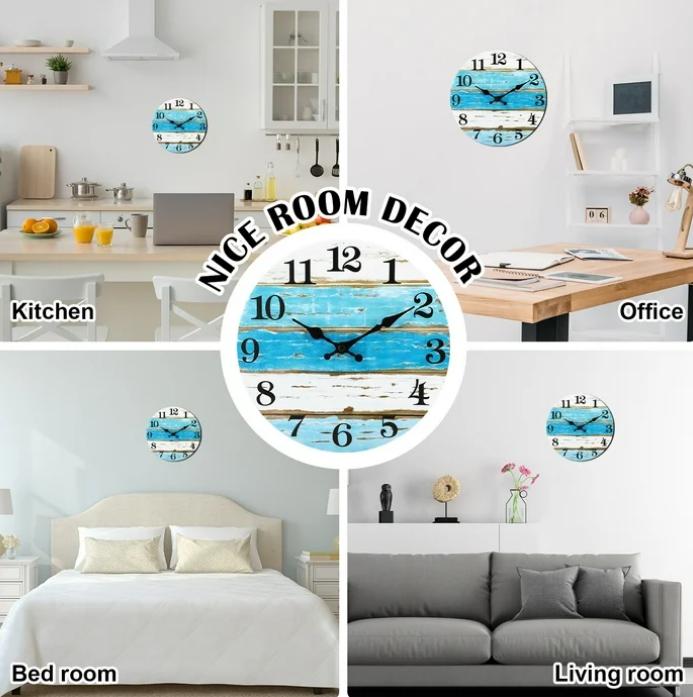 10 Inch Wall Clock,Beach Outdoor Clock for Patio,Wooden Round Wall Clock Battery Operated,Non Ticking Coastal Themed Decor Wall Clock for Lake House,Home,Kitchen,Pool,Bathroom