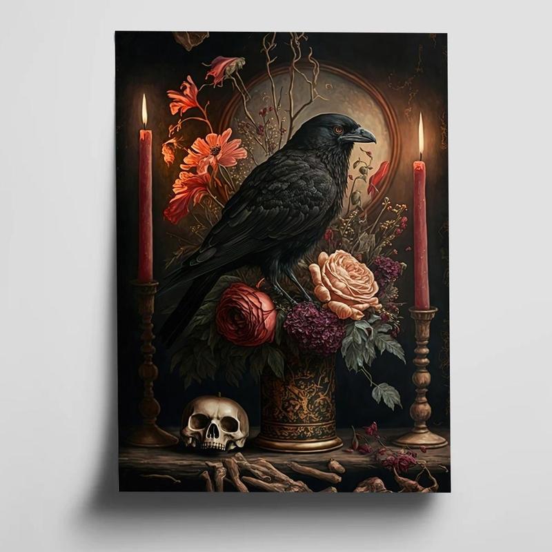  Crow & Flower Pattern Unframed Painting for Room Decor, Halloween Canvas Wall Art without Frame, Decorative Painting for Home Living Room Bedroom, Halloween Decor