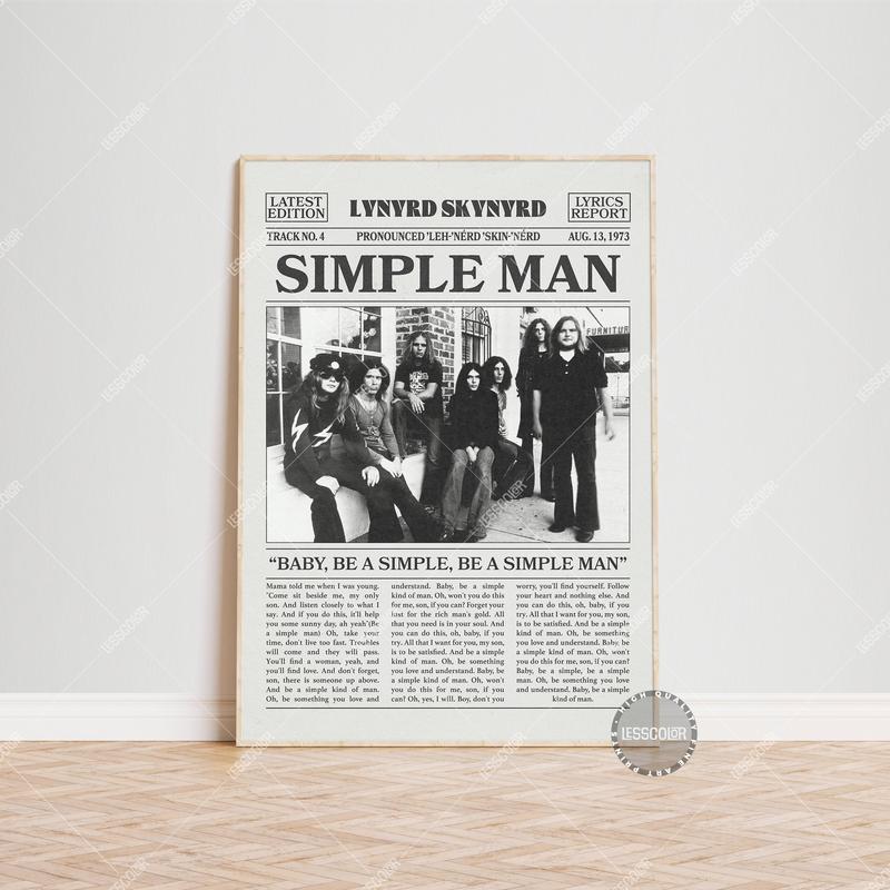 Lynyrd Skynyrd Retro Newspaper Print Poster No Frame , Simple Man Poster, Simple Man Lyric Print, Lynyrd Skynyrd Poster, LC3