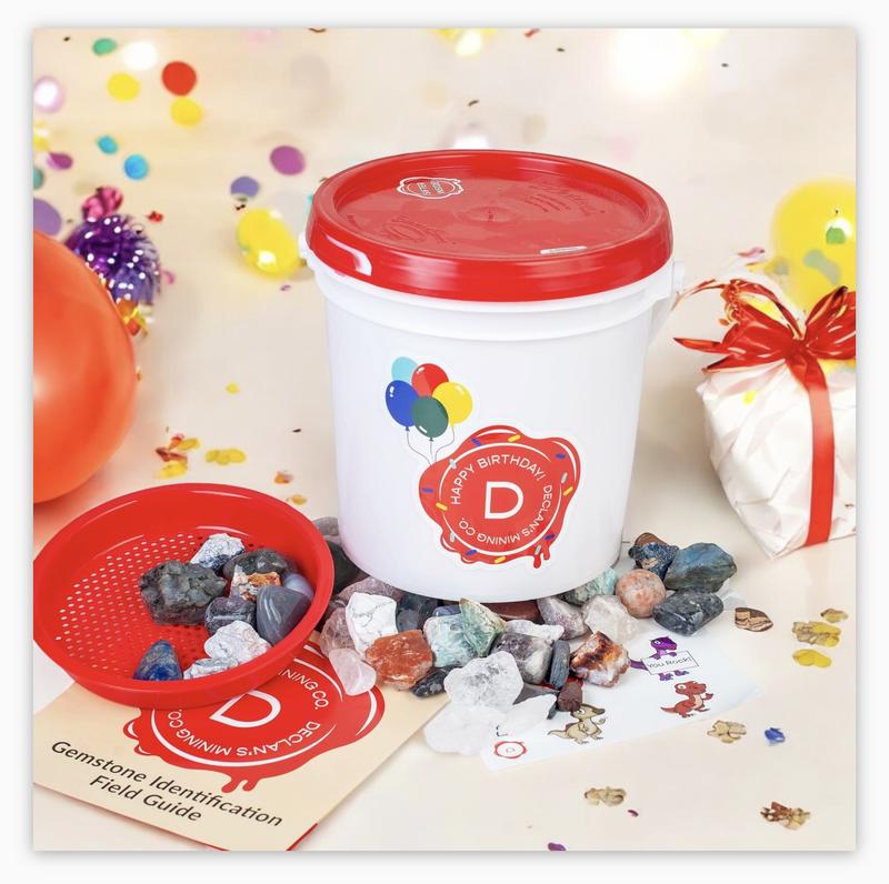 Gallon Declan’s Celebration Bucket with Raw and Tumbled Stones - Unisex Birthday Gift Gifts Friend Decor