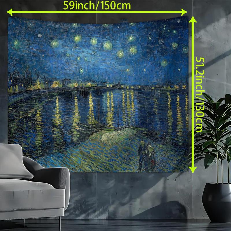 Starry Night Oil Painting Tapestry, 1 Count Vintage Night Landscape Tapestry, Wall Hanging for Bedroom and Living Room Decoration