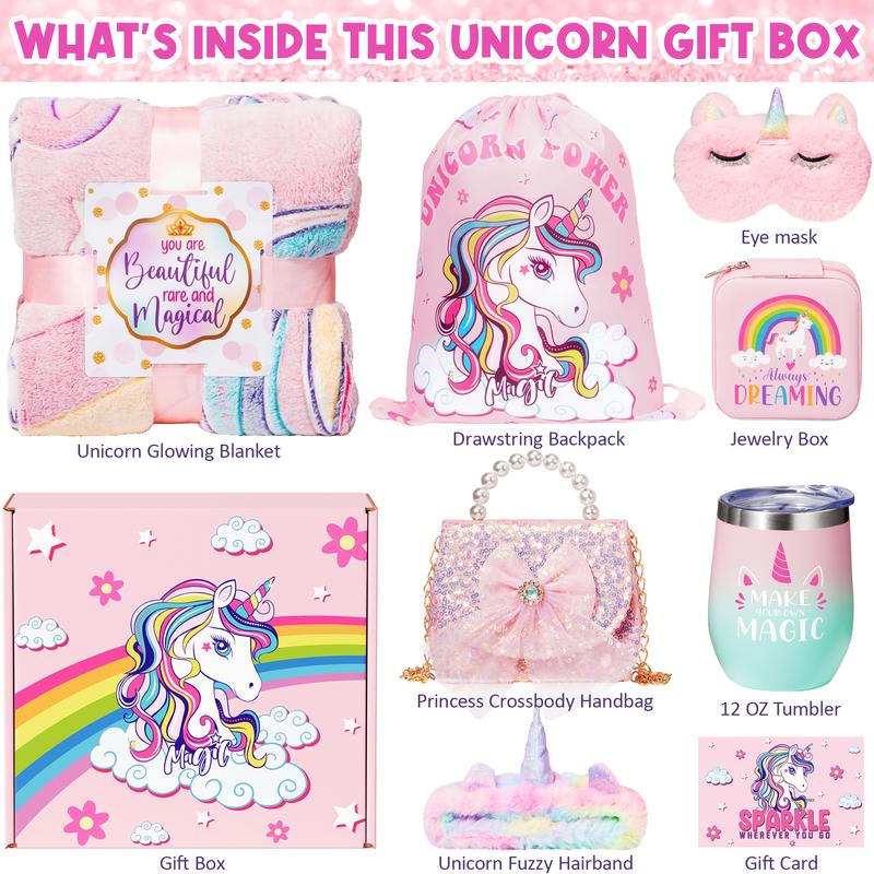 Tiblue Unicorn Themed Gifts  Halloween, Thanksgiving, Birthday Christmas Gifts with Glow-in-the-Dark Blanket, Purse, Cup, and Jewelry Box