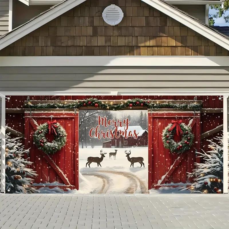 Merry Christmas Themed Garage Door Cover, Snowy Scene Pattern Garage Door Banner, Outdoor Holiday Decoration for Home, Party, Festival