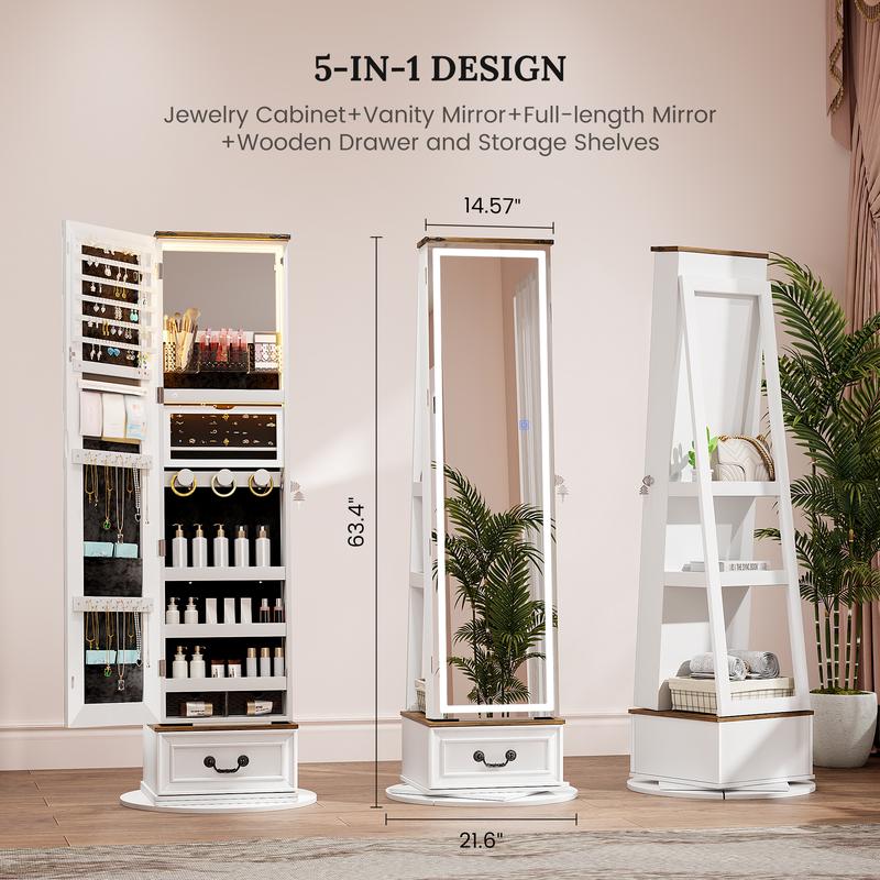 5-in-1 LED Jewelry Armoire with Double Mirrors: 360° Swivel Base, 3-Color Lights, Wooden Drawer and Storage Shelves Decor Vanity