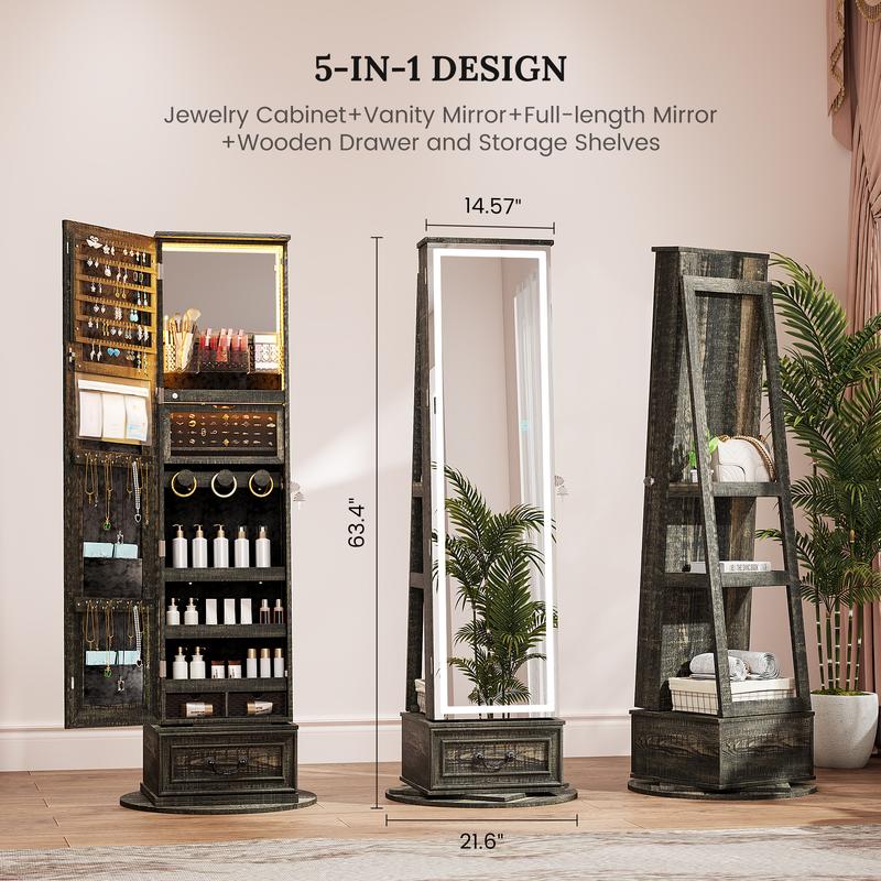 5-in-1 LED Jewelry Armoire with Double Mirrors: 360° Swivel Base, 3-Color Lights, Wooden Drawer and Storage Shelves Decor Vanity