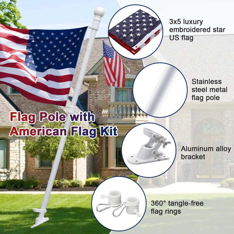 Barcetine Flag Pole Set with US Banners-kit Includes Heavy Duty Flagpole,Weather Resistant Embroidered Flag,Steel Bracket,for Outside House,Porch Aluminum Alloy Sectional Flagpole Kit