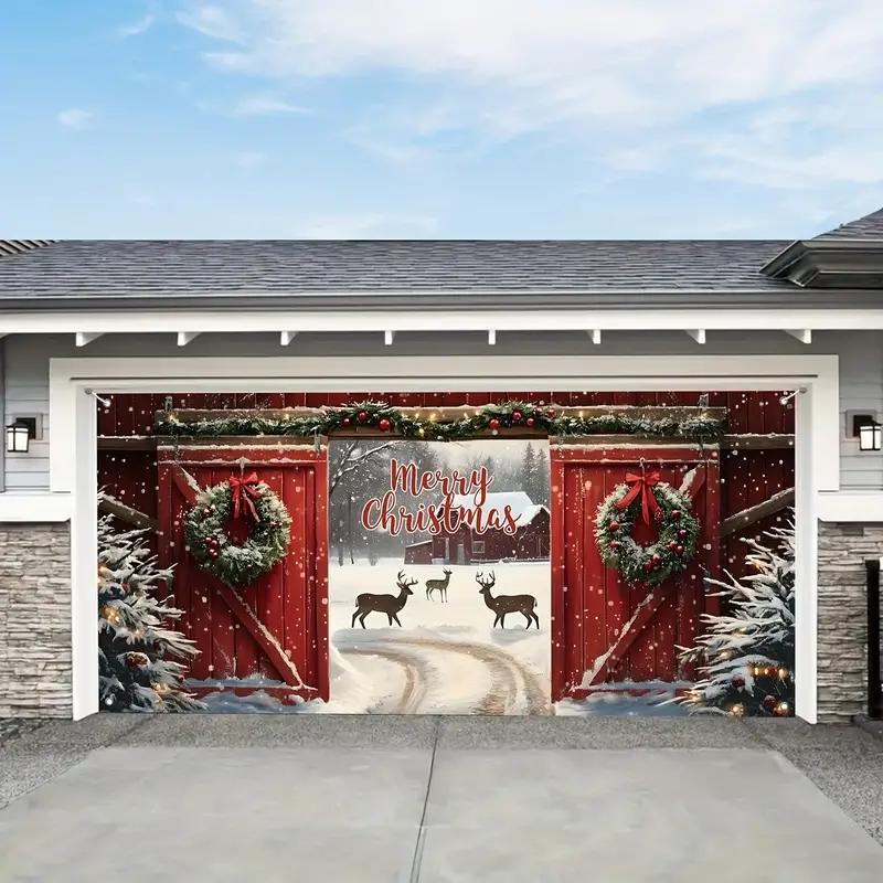 Merry Christmas Themed Garage Door Cover, Snowy Scene Pattern Garage Door Banner, Outdoor Holiday Decoration for Home, Party, Festival