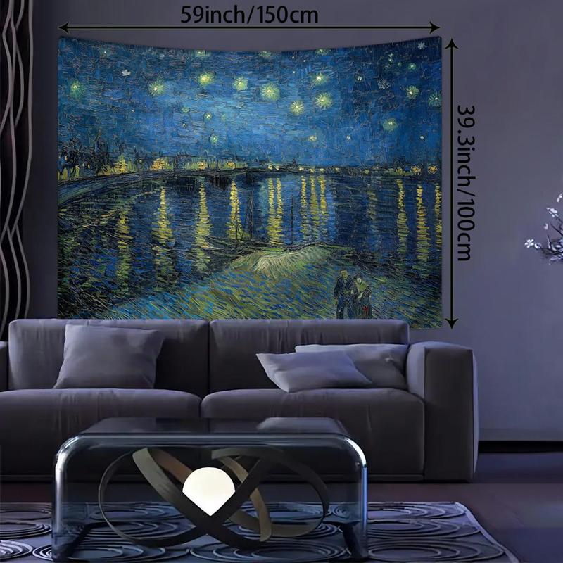 Starry Night Oil Painting Tapestry, 1 Count Vintage Night Landscape Tapestry, Wall Hanging for Bedroom and Living Room Decoration